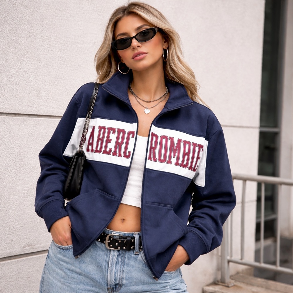 Abercrombie & Fitch Track Jacket Spellout Womens M Navy Full Zip Athletic Read
